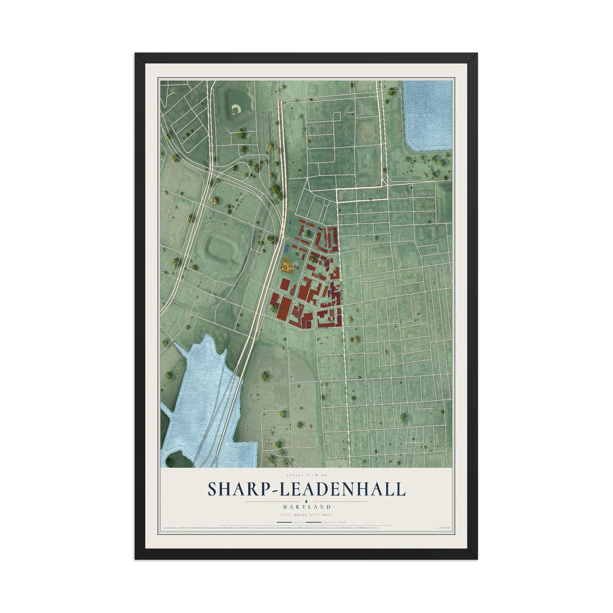 Map of Sharp-Leadenhall, Maryland, 12 x 18 inch print in a black wood frame