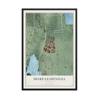 Map of Sharp-Leadenhall, Maryland, 12 x 18 inch print in a black wood frame