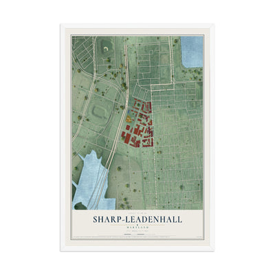 Map of Sharp-Leadenhall, Maryland, 12 x 18 inch print in a white wood frame
