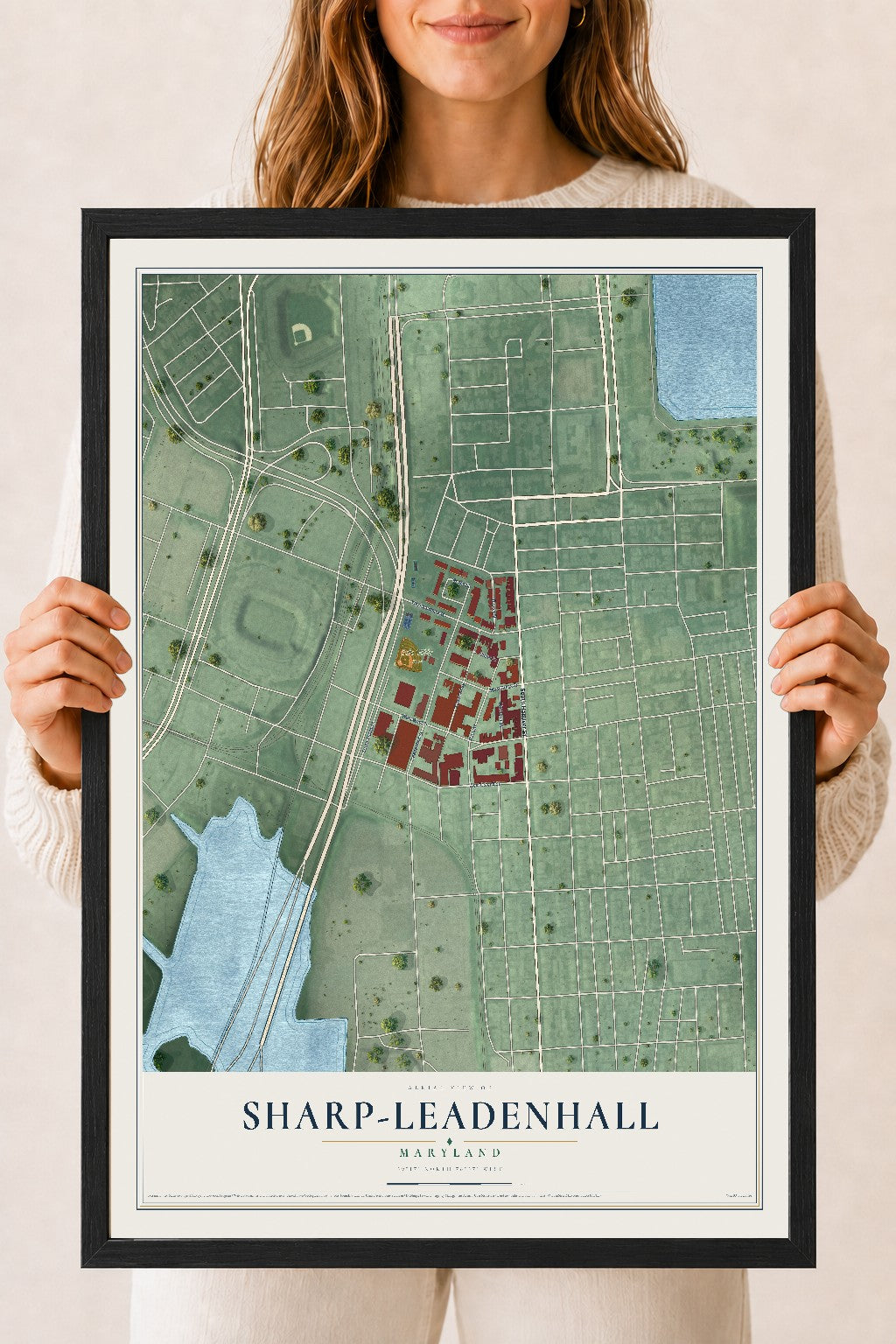 Map of Sharp-Leadenhall, Maryland, 18 x 24 inch print in a black wood frame