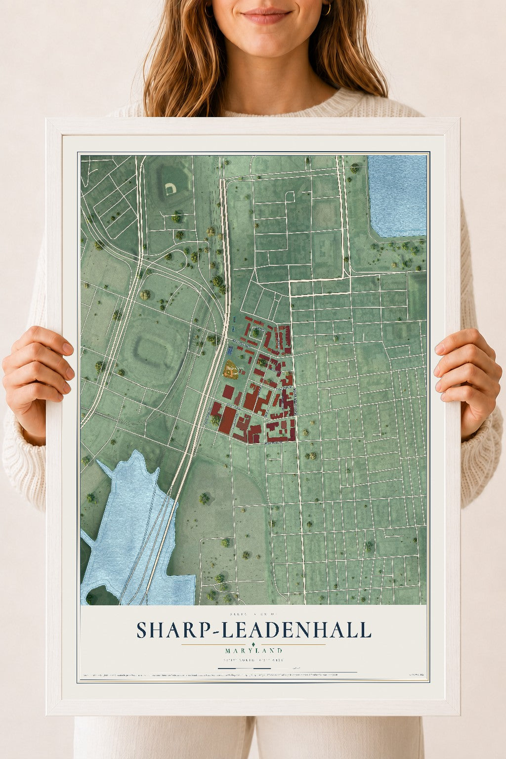 Map of Sharp-Leadenhall, Maryland, 18 x 24 inch print in a white wood frame