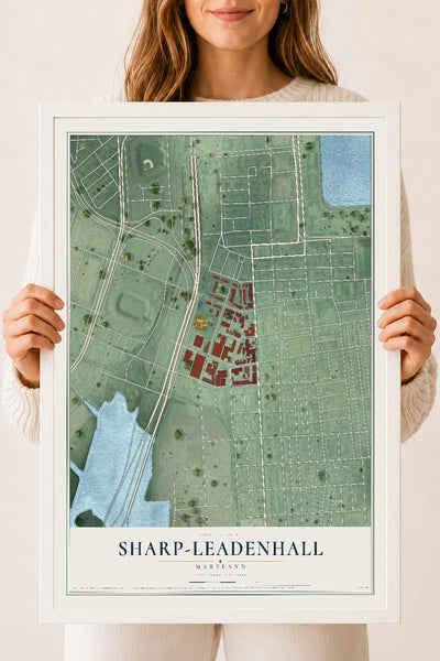 Map of Sharp-Leadenhall, Maryland, 18 x 24 inch print in a white wood frame