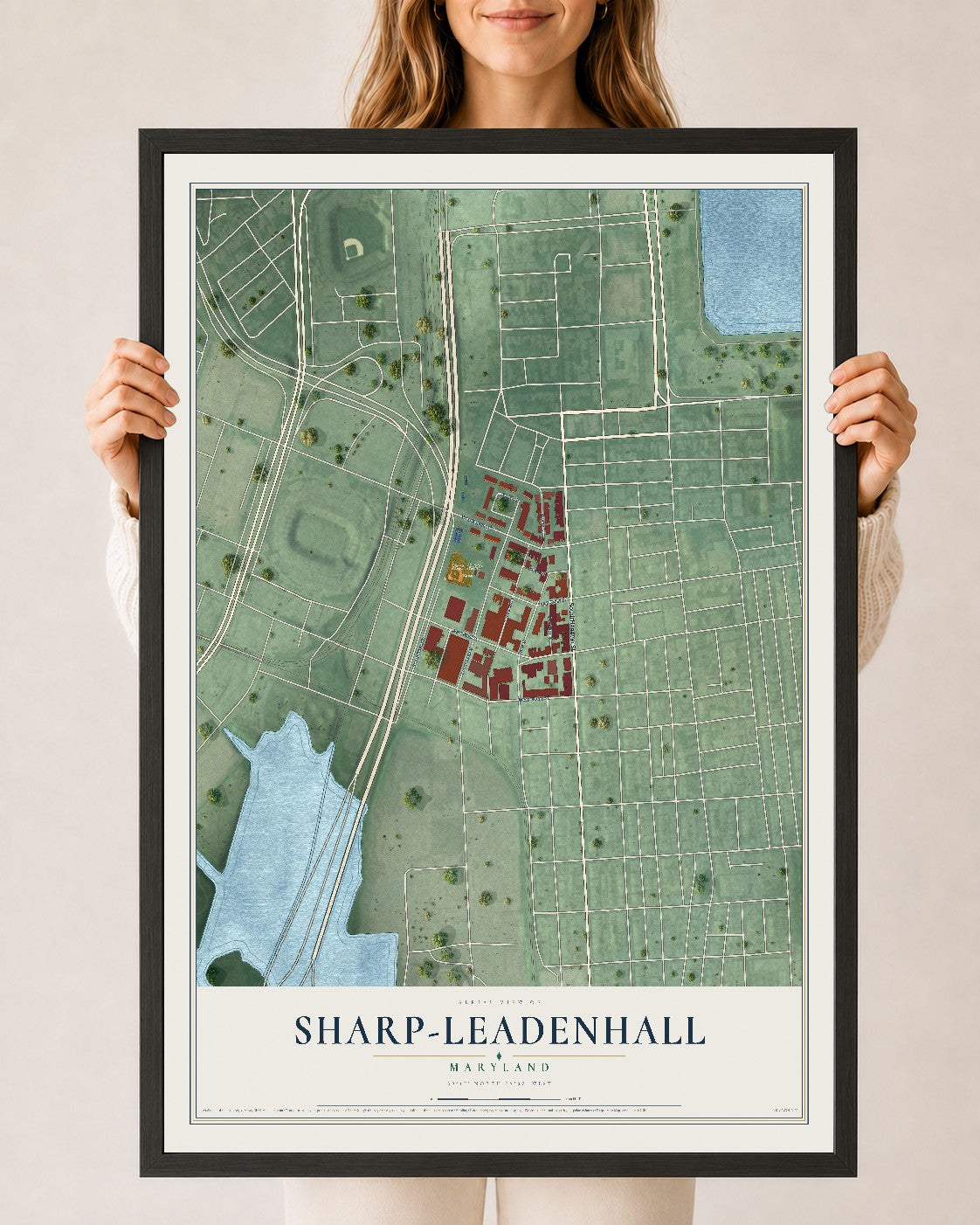 Map of Sharp-Leadenhall, Maryland, 24 x 36 inch print in a black wood frame
