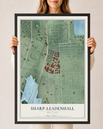 Map of Sharp-Leadenhall, Maryland, 24 x 36 inch print in a black wood frame