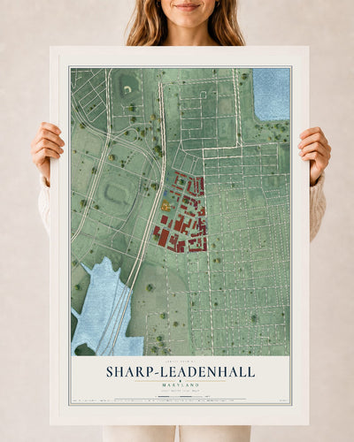 Map of Sharp-Leadenhall, Maryland, 24 x 36 inch print in a white wood frame