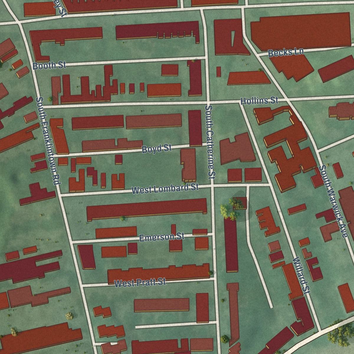 Close-up of the map of Shipley Hill, Maryland print showing street and building detail