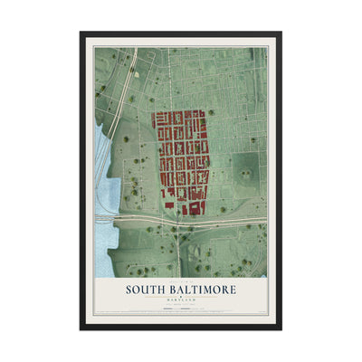 Map of South Baltimore, Maryland, 12 x 18 inch print in a black wood frame