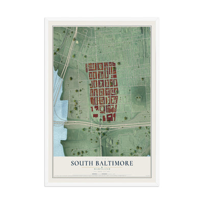 Map of South Baltimore, Maryland, 12 x 18 inch print in a white wood frame