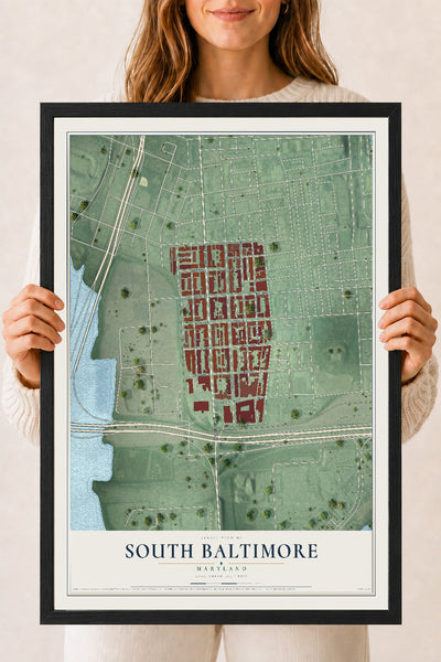 Map of South Baltimore, Maryland, 18 x 24 inch print in a black wood frame