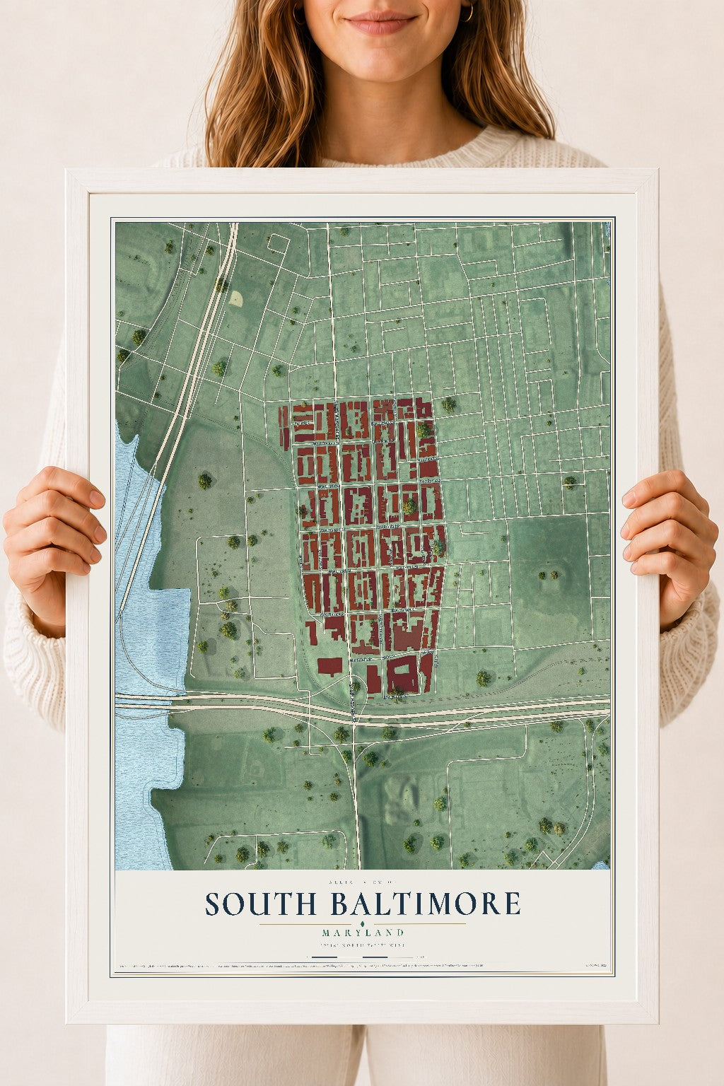 Map of South Baltimore, Maryland, 18 x 24 inch print in a white wood frame