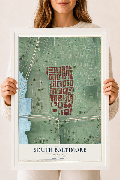 Map of South Baltimore, Maryland, 18 x 24 inch print in a white wood frame