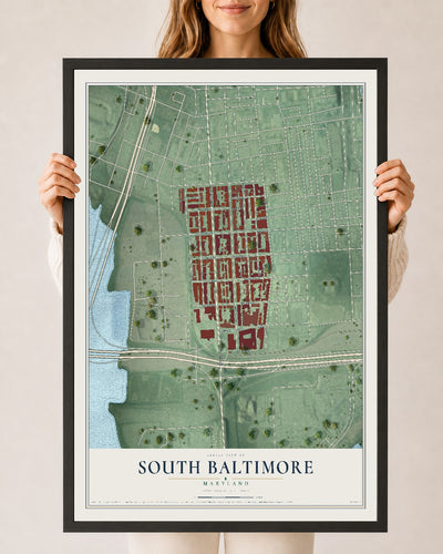 Map of South Baltimore, Maryland, 24 x 36 inch print in a black wood frame