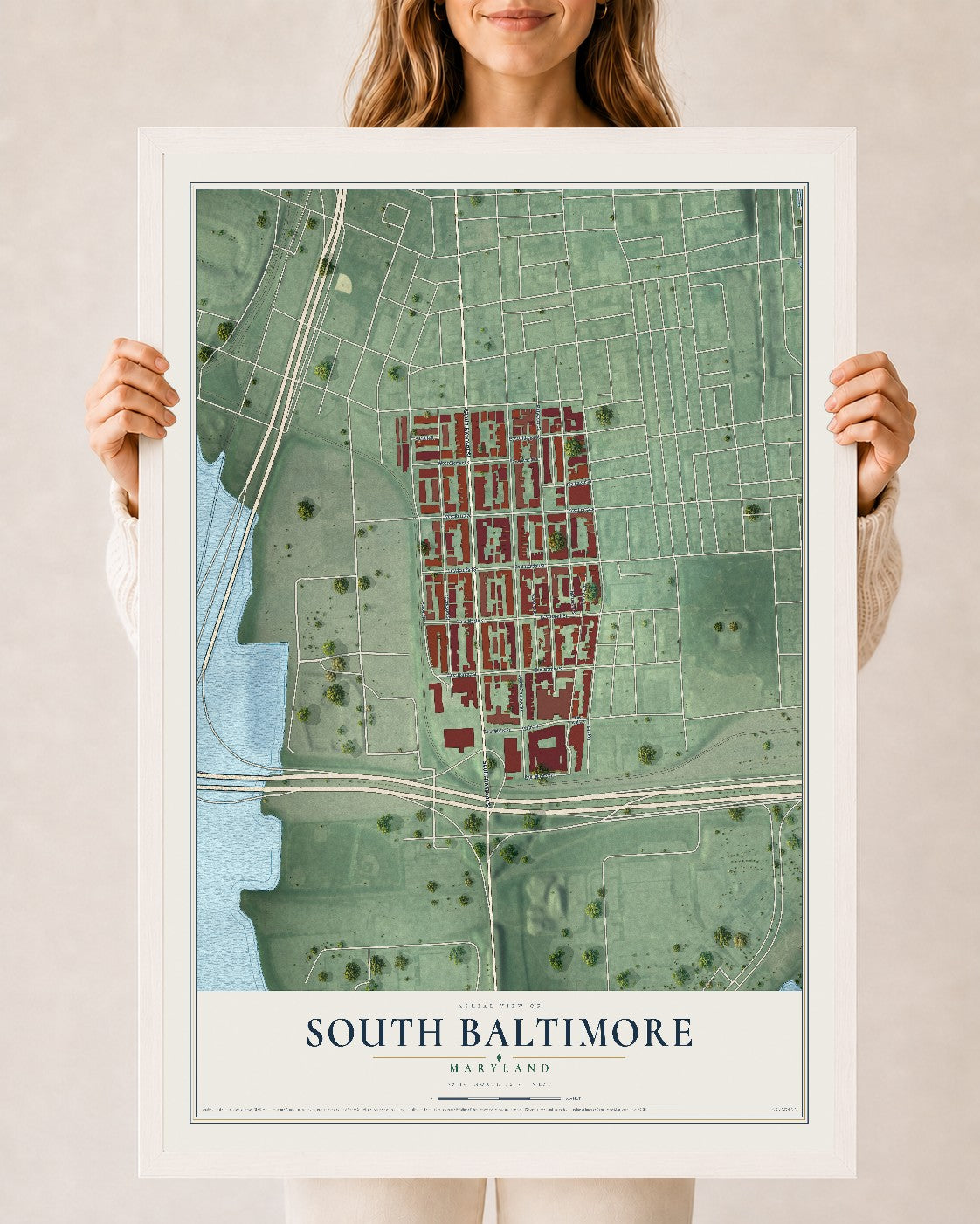 Map of South Baltimore, Maryland, 24 x 36 inch print in a white wood frame