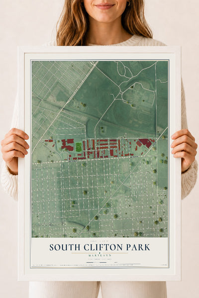 Map of South Clifton Park, Maryland, 18 x 24 inch print in a white wood frame