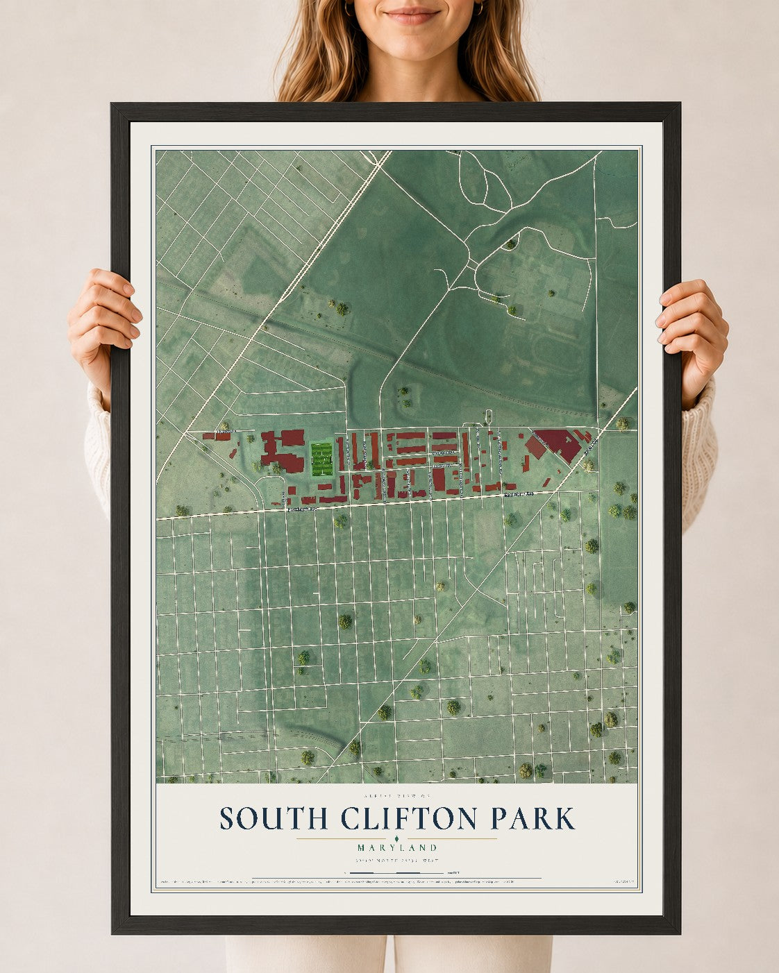 Map of South Clifton Park, Maryland, 24 x 36 inch print in a black wood frame