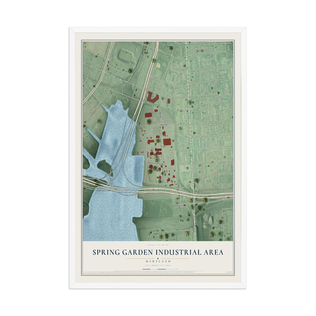 Map of Spring Garden Industrial Area, Maryland, 12 x 18 inch print in a white wood frame