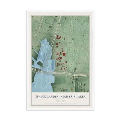 Map of Spring Garden Industrial Area, Maryland, 12 x 18 inch print in a white wood frame