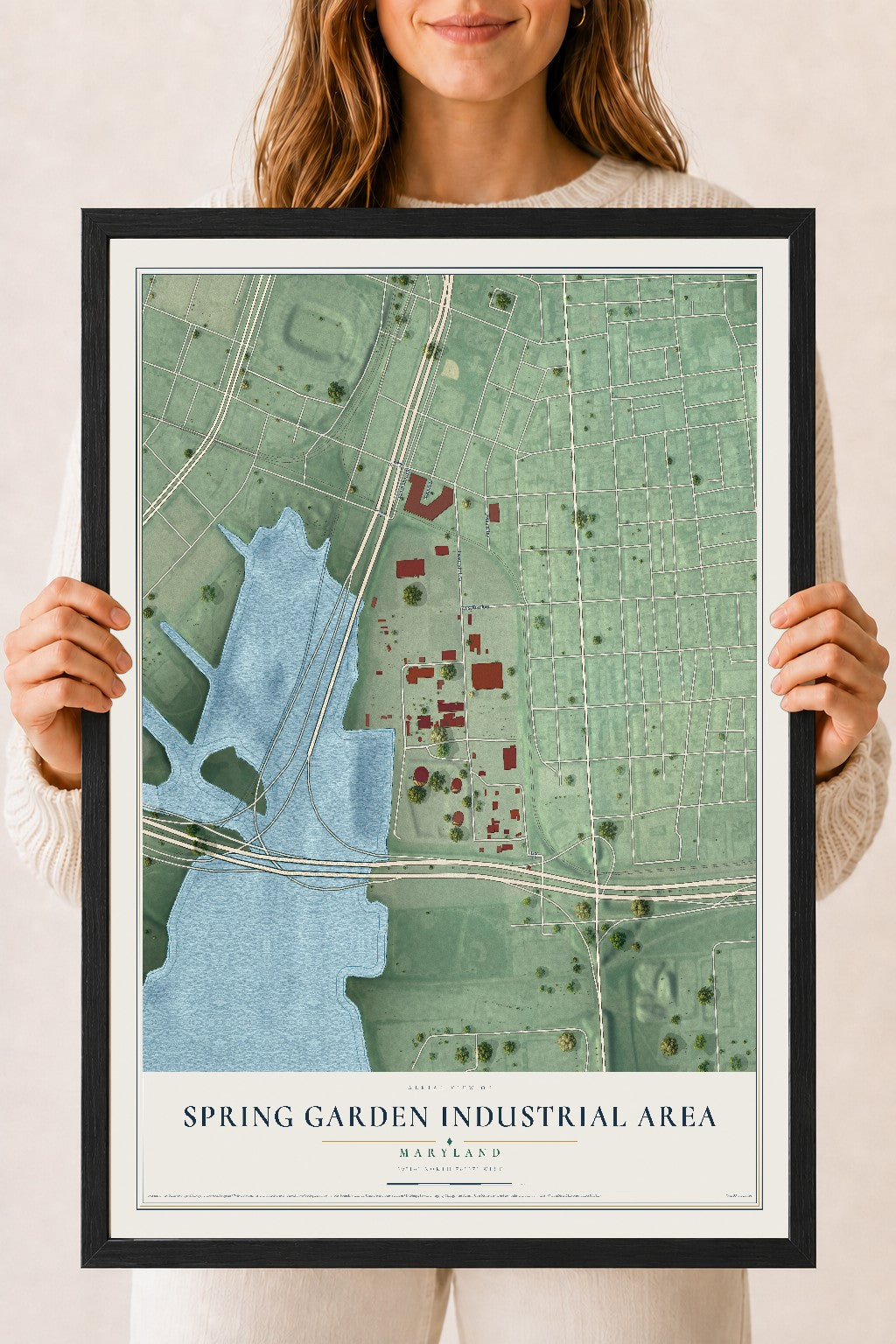 Map of Spring Garden Industrial Area, Maryland, 18 x 24 inch print in a black wood frame