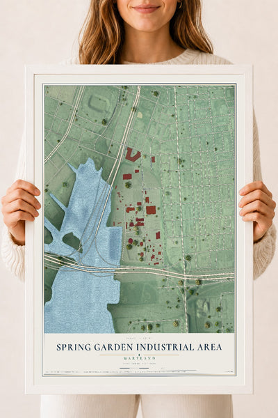 Map of Spring Garden Industrial Area, Maryland, 18 x 24 inch print in a white wood frame