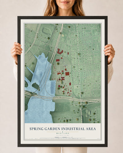 Map of Spring Garden Industrial Area, Maryland, 24 x 36 inch print in a black wood frame