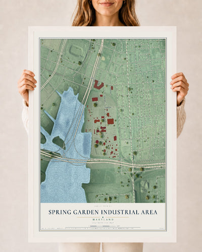 Map of Spring Garden Industrial Area, Maryland, 24 x 36 inch print in a white wood frame