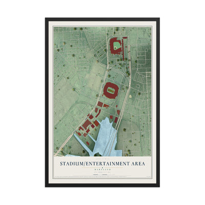 Map of Stadium-Entertainment Area, Maryland, 12 x 18 inch print in a black wood frame
