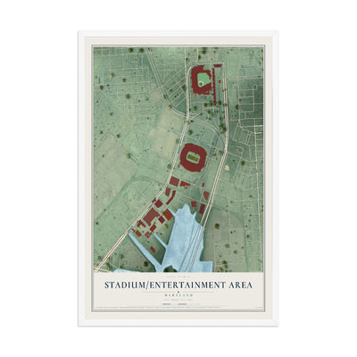 Map of Stadium-Entertainment Area, Maryland, 12 x 18 inch print in a white wood frame