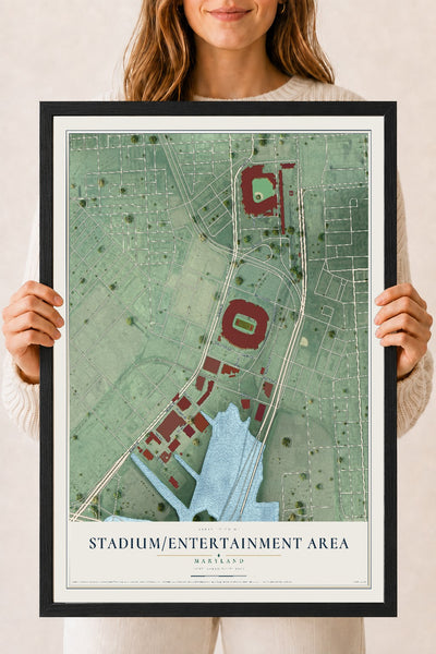 Map of Stadium-Entertainment Area, Maryland, 18 x 24 inch print in a black wood frame