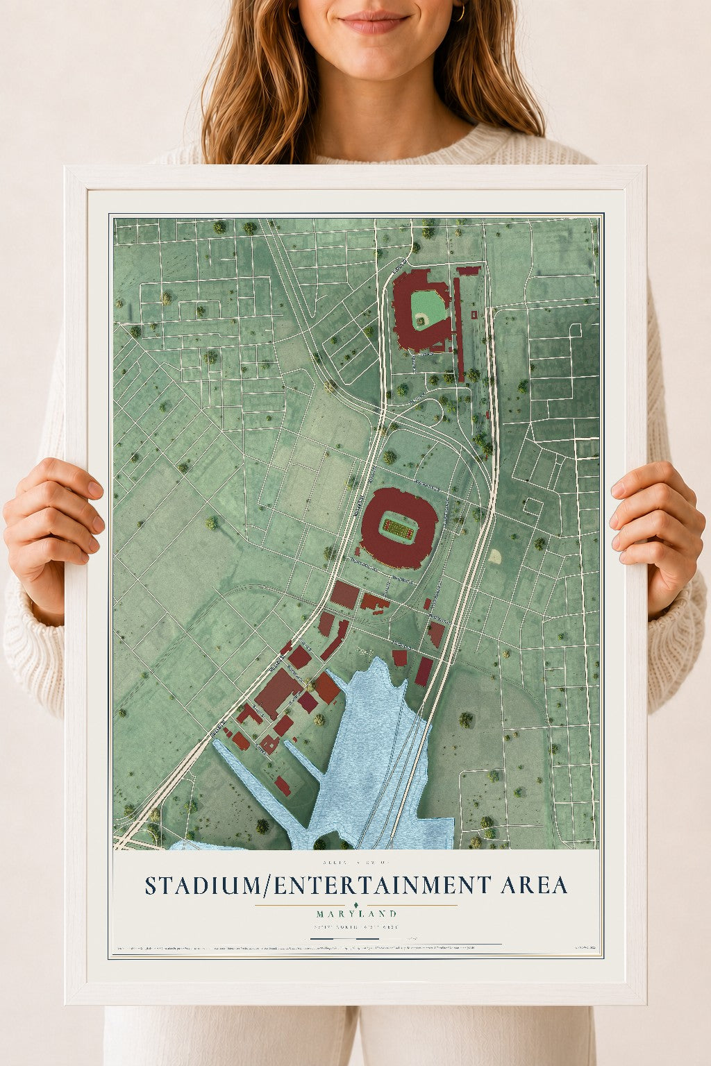 Map of Stadium-Entertainment Area, Maryland, 18 x 24 inch print in a white wood frame