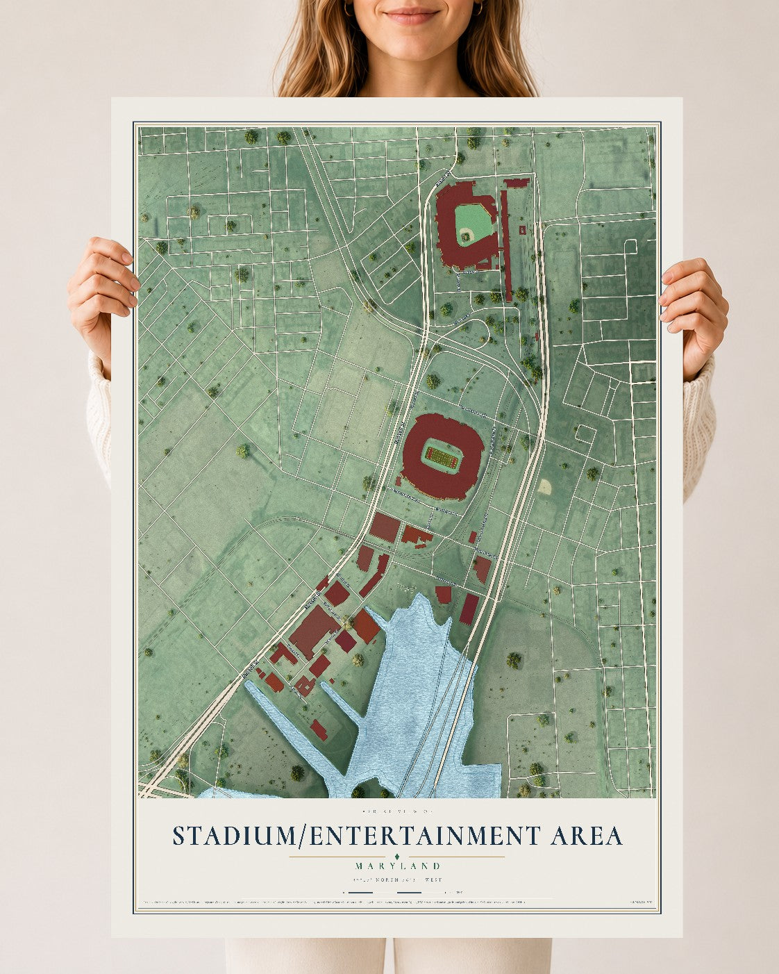Map of Stadium-Entertainment Area, Maryland, 24 x 36 inch unframed archival matte print