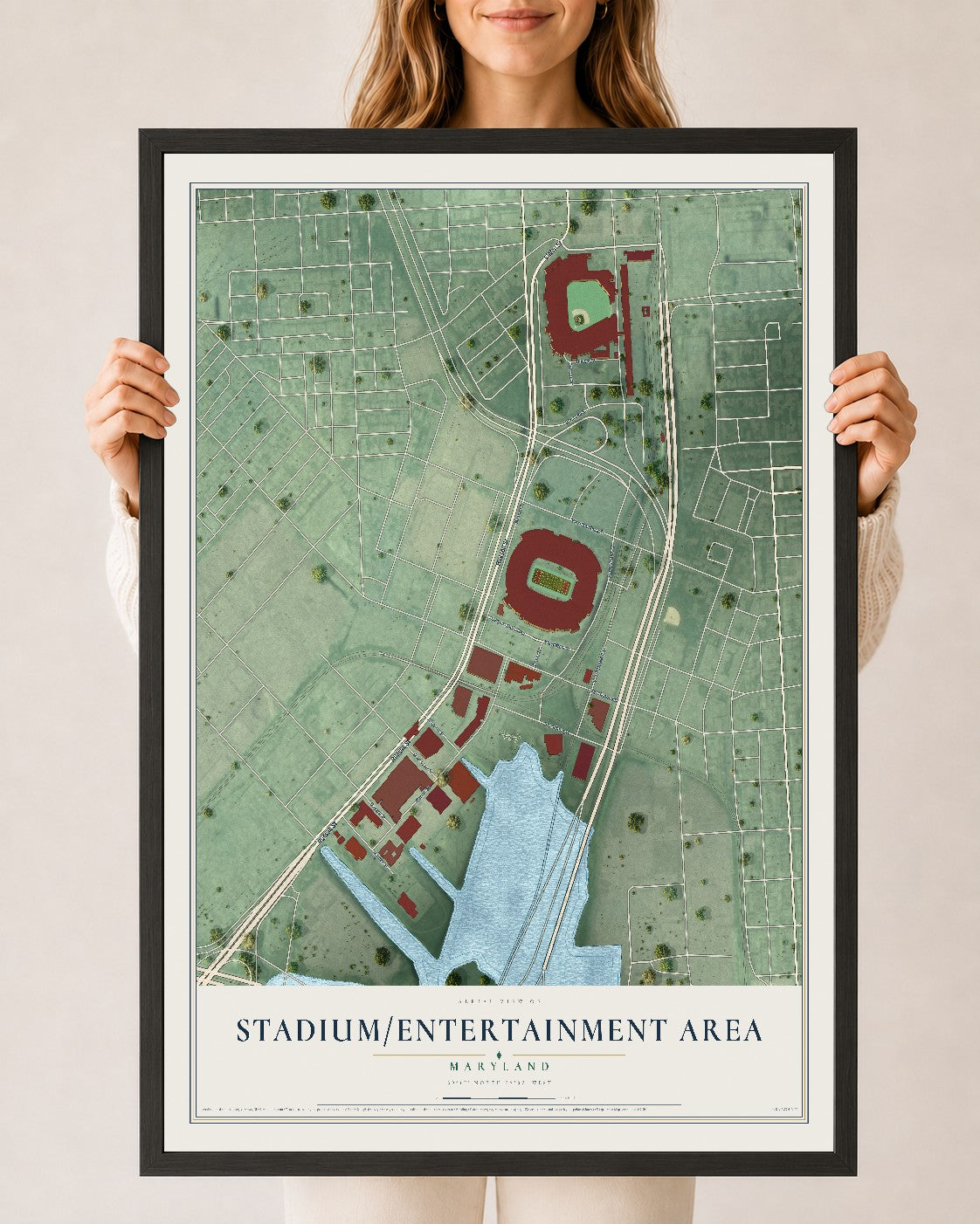 Map of Stadium-Entertainment Area, Maryland, 24 x 36 inch print in a black wood frame