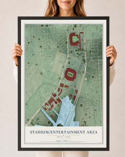 Map of Stadium-Entertainment Area, Maryland, 24 x 36 inch print in a black wood frame