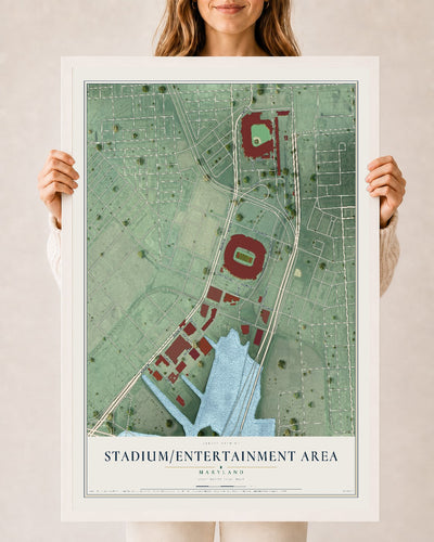 Map of Stadium-Entertainment Area, Maryland, 24 x 36 inch print in a white wood frame