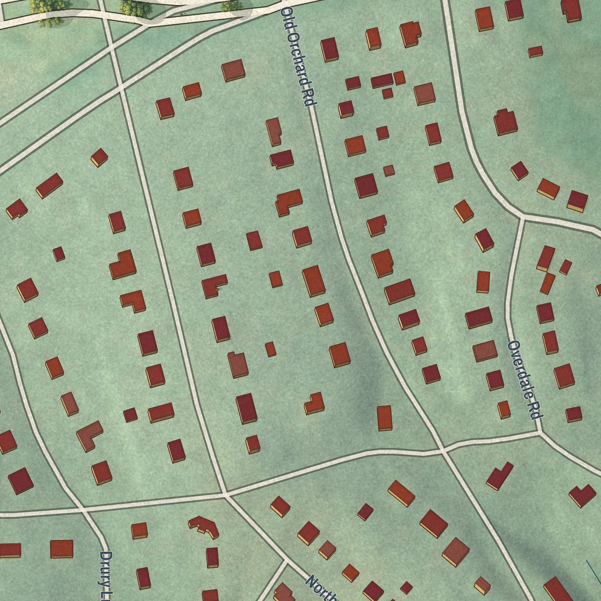 Close-up of the map of Ten Hills, Maryland print showing street and building detail