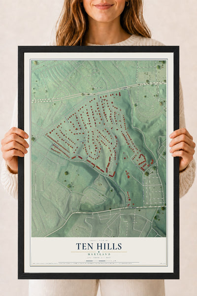 Map of Ten Hills, Maryland, 18 x 24 inch print in a black wood frame
