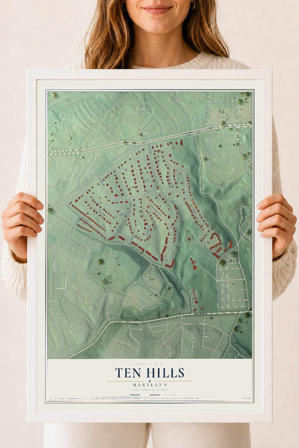 Map of Ten Hills, Maryland, 18 x 24 inch print in a white wood frame