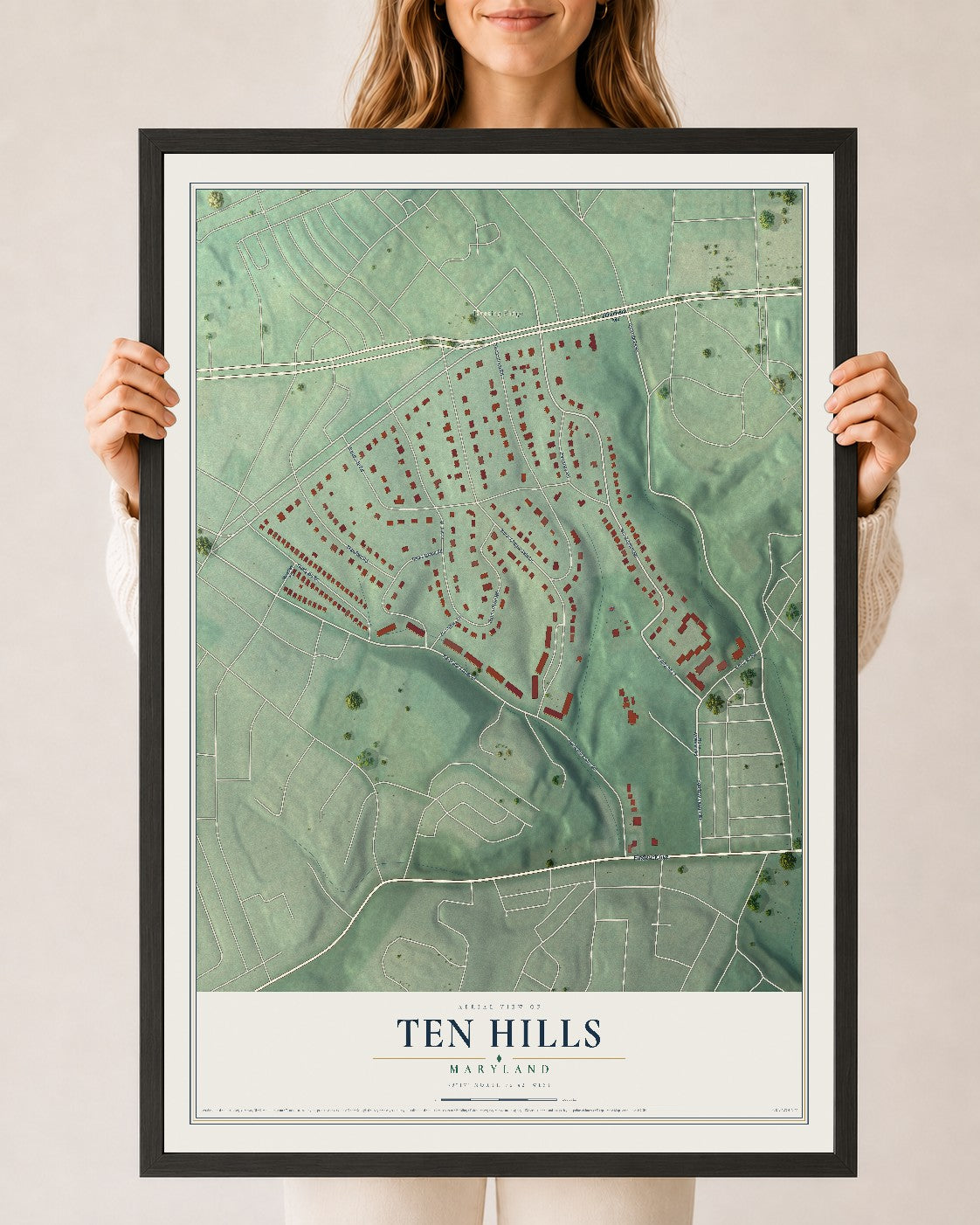 Map of Ten Hills, Maryland, 24 x 36 inch print in a black wood frame