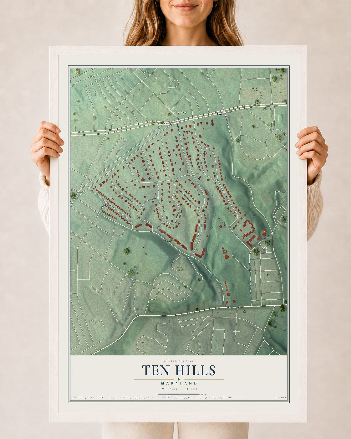 Map of Ten Hills, Maryland, 24 x 36 inch print in a white wood frame