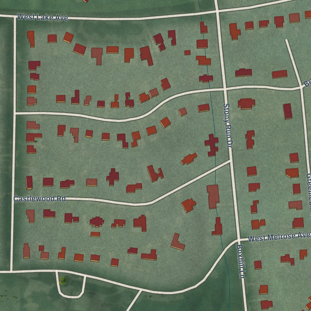 Close-up of the map of The Orchards, Maryland print showing street and building detail
