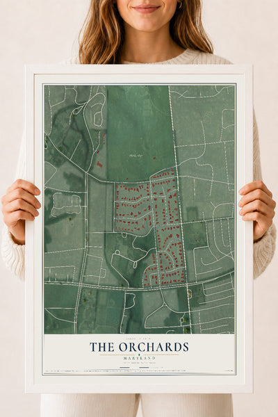 Map of The Orchards, Maryland, 18 x 24 inch print in a white wood frame