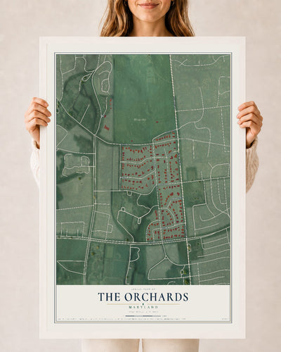 Map of The Orchards, Maryland, 24 x 36 inch print in a white wood frame