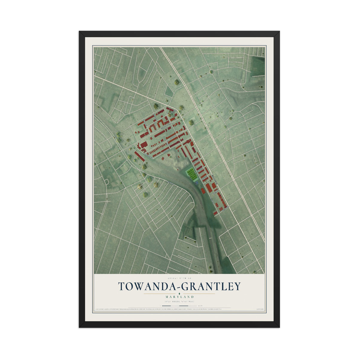 Map of Towanda-Grantley, Maryland, 12 x 18 inch print in a black wood frame