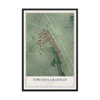Map of Towanda-Grantley, Maryland, 12 x 18 inch print in a black wood frame