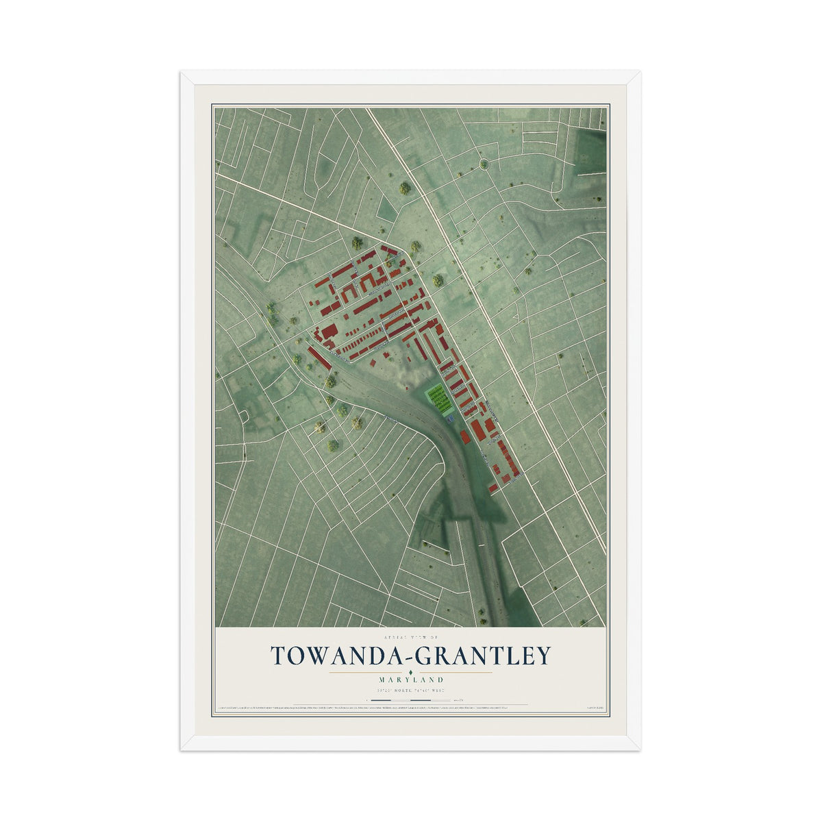 Map of Towanda-Grantley, Maryland, 12 x 18 inch print in a white wood frame