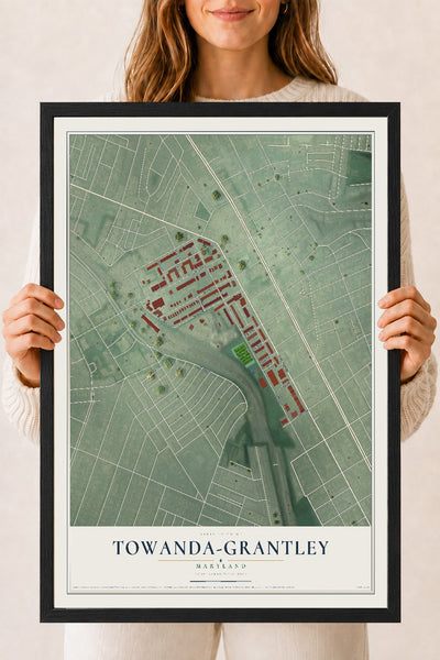 Map of Towanda-Grantley, Maryland, 18 x 24 inch print in a black wood frame