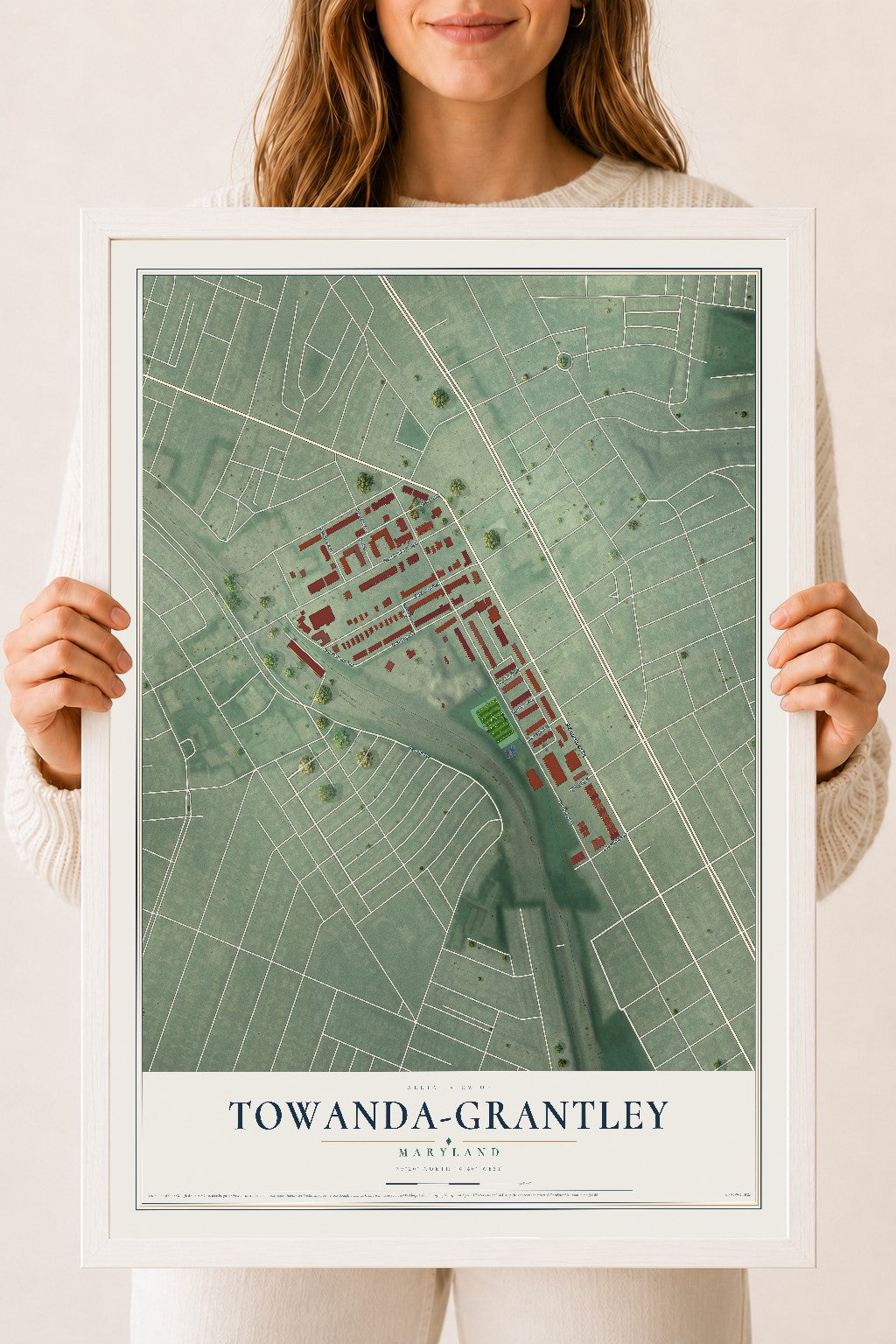 Map of Towanda-Grantley, Maryland, 18 x 24 inch print in a white wood frame