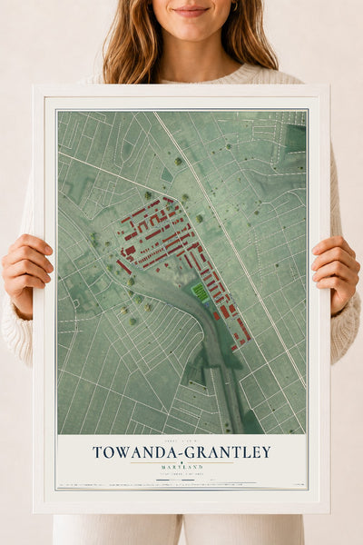 Map of Towanda-Grantley, Maryland, 18 x 24 inch print in a white wood frame