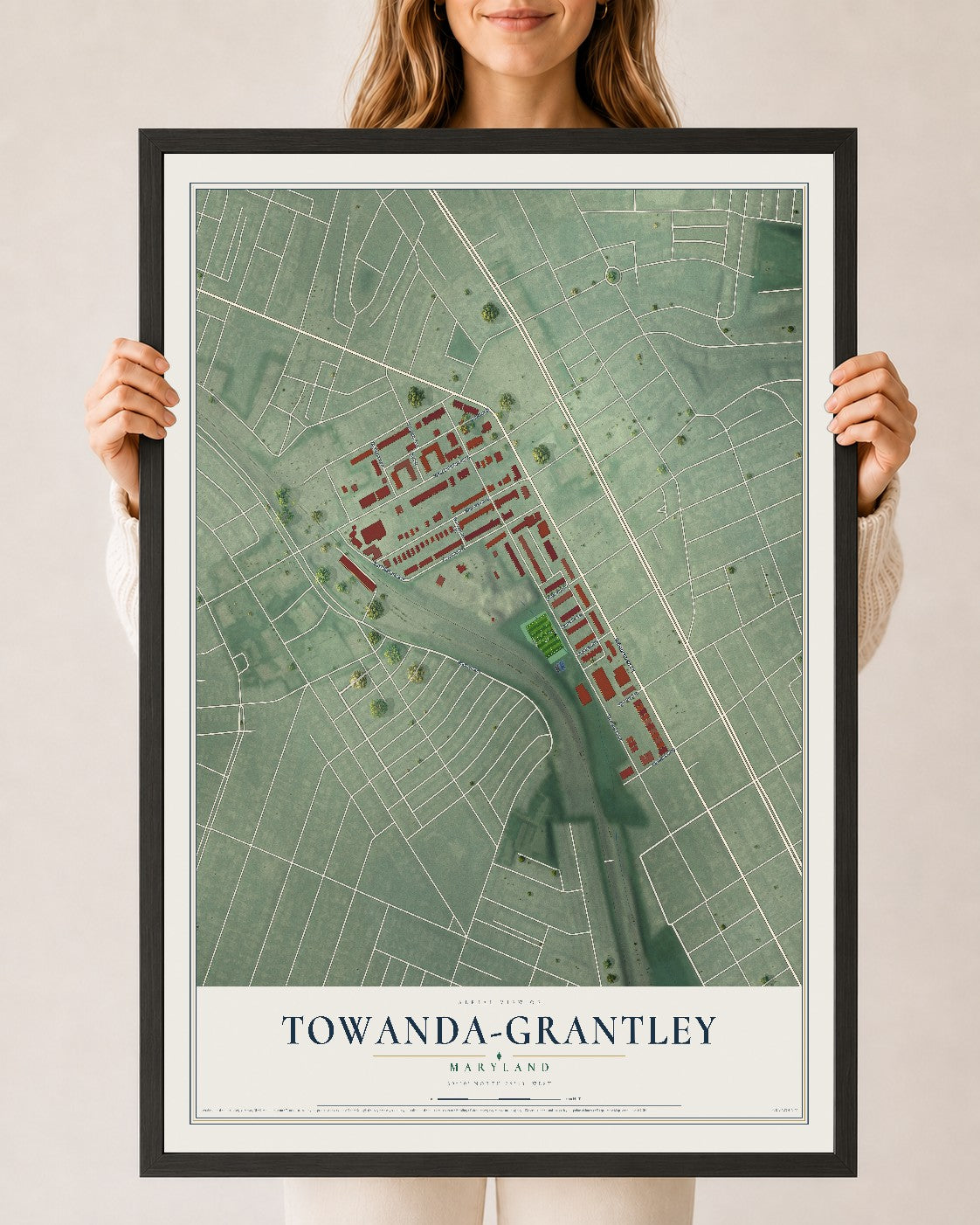 Map of Towanda-Grantley, Maryland, 24 x 36 inch print in a black wood frame