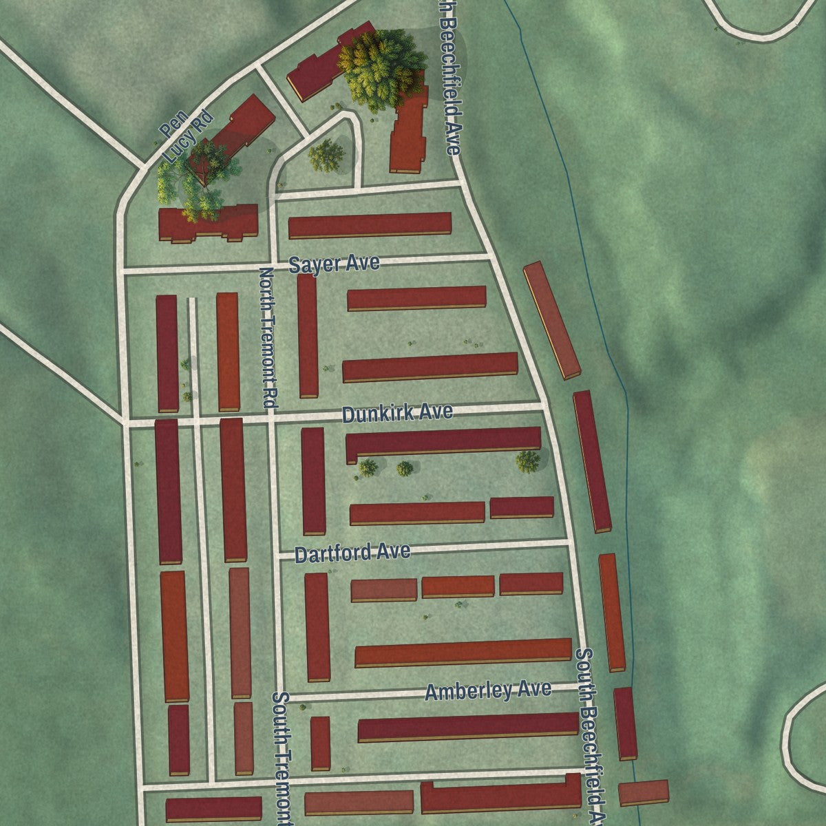 Close-up of the map of Tremont, Maryland print showing street and building detail