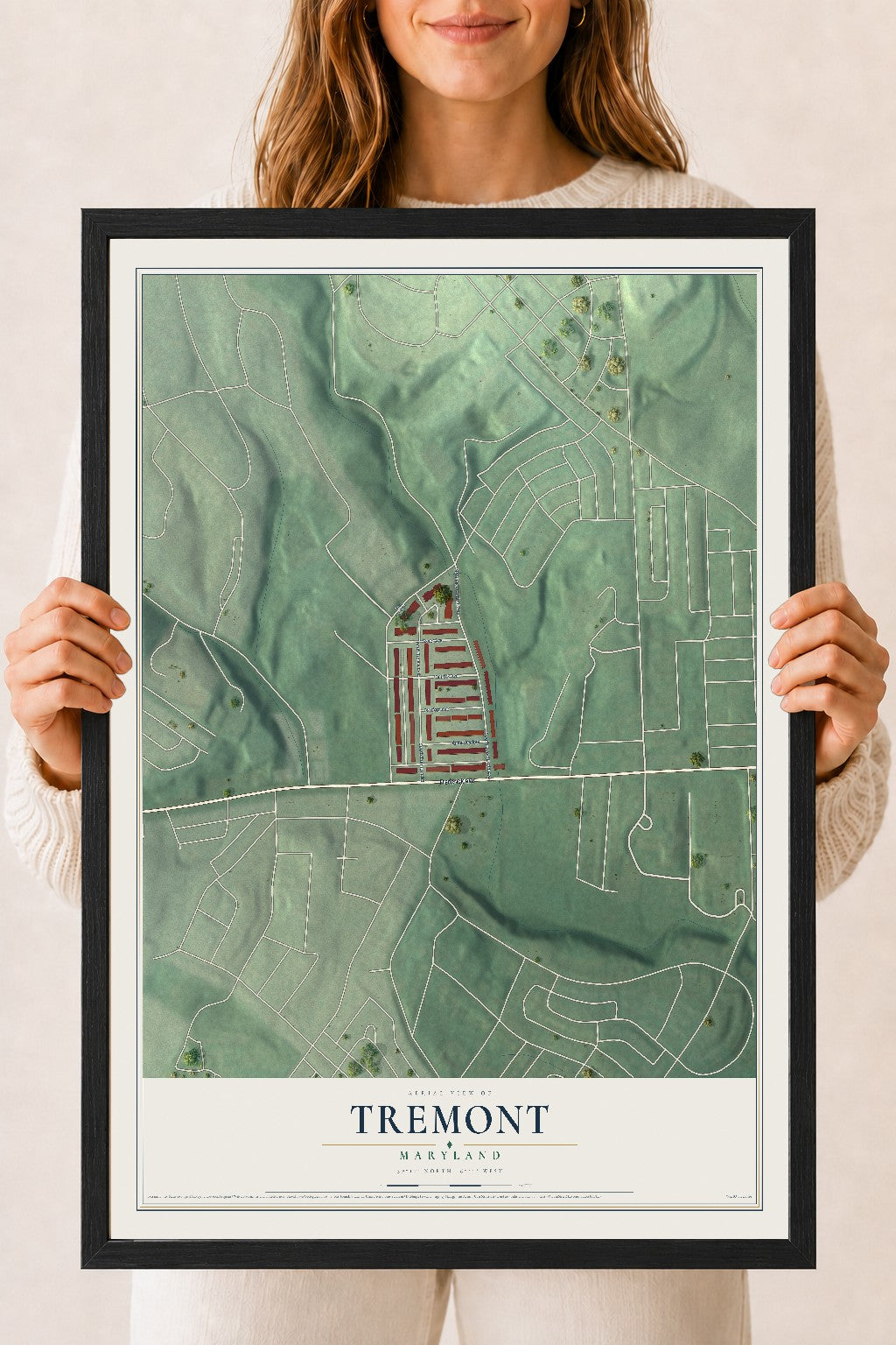 Map of Tremont, Maryland, 18 x 24 inch print in a black wood frame